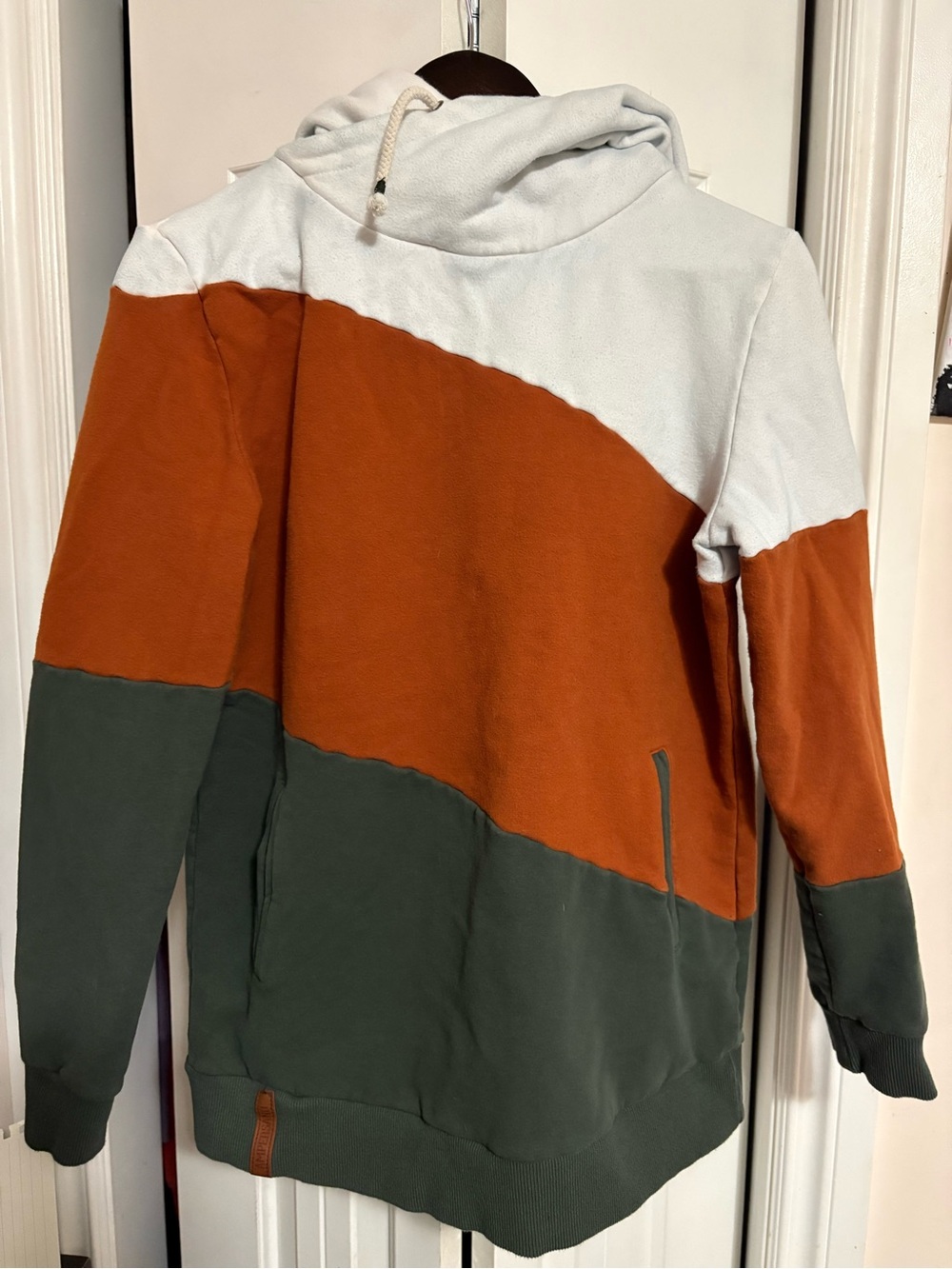 Womans Ampersand Colorblock Hooded Sweater - Rust, Olive & Cream